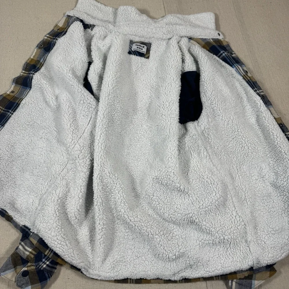 Hurley Jacket Mens Medium‎ Blue Plaid Snap Up Fleece Lined Flap Pockets